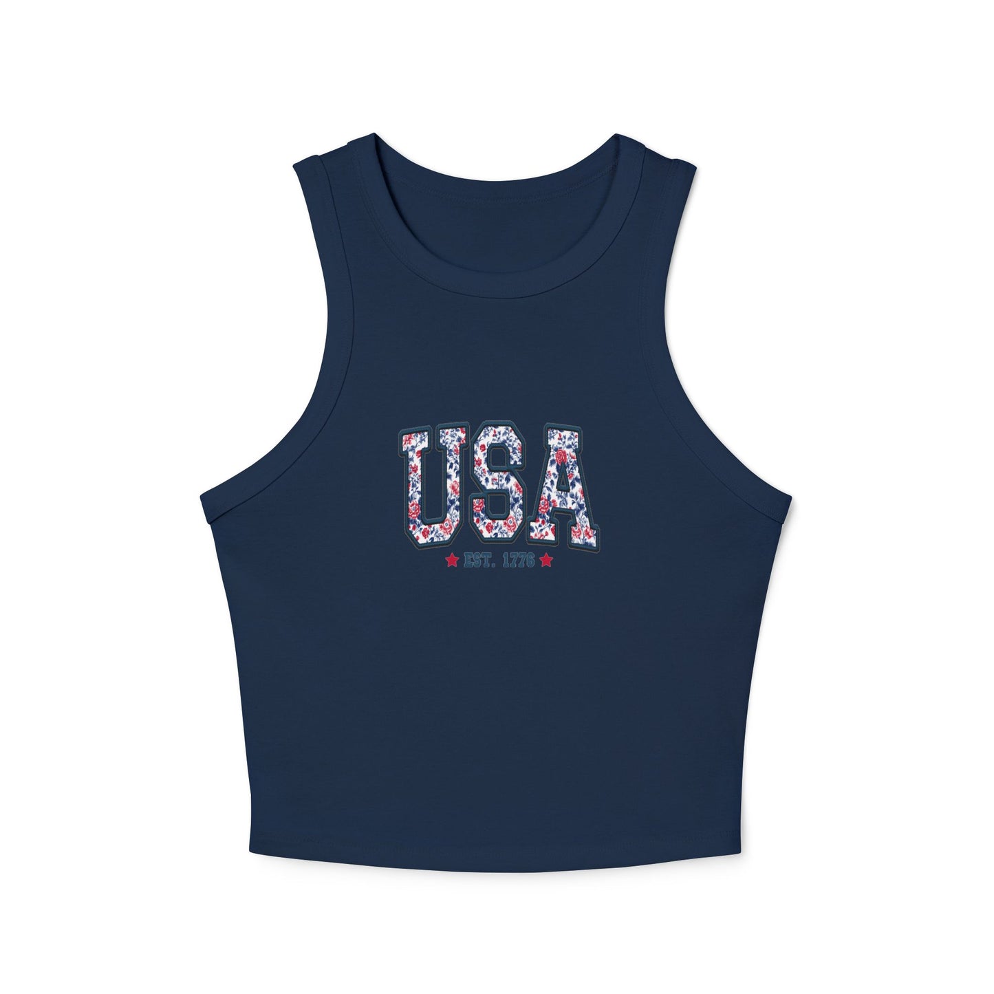 USA Floral Racerback Tank Top — 'USA Est. 1776' Patriotic Summer Crop