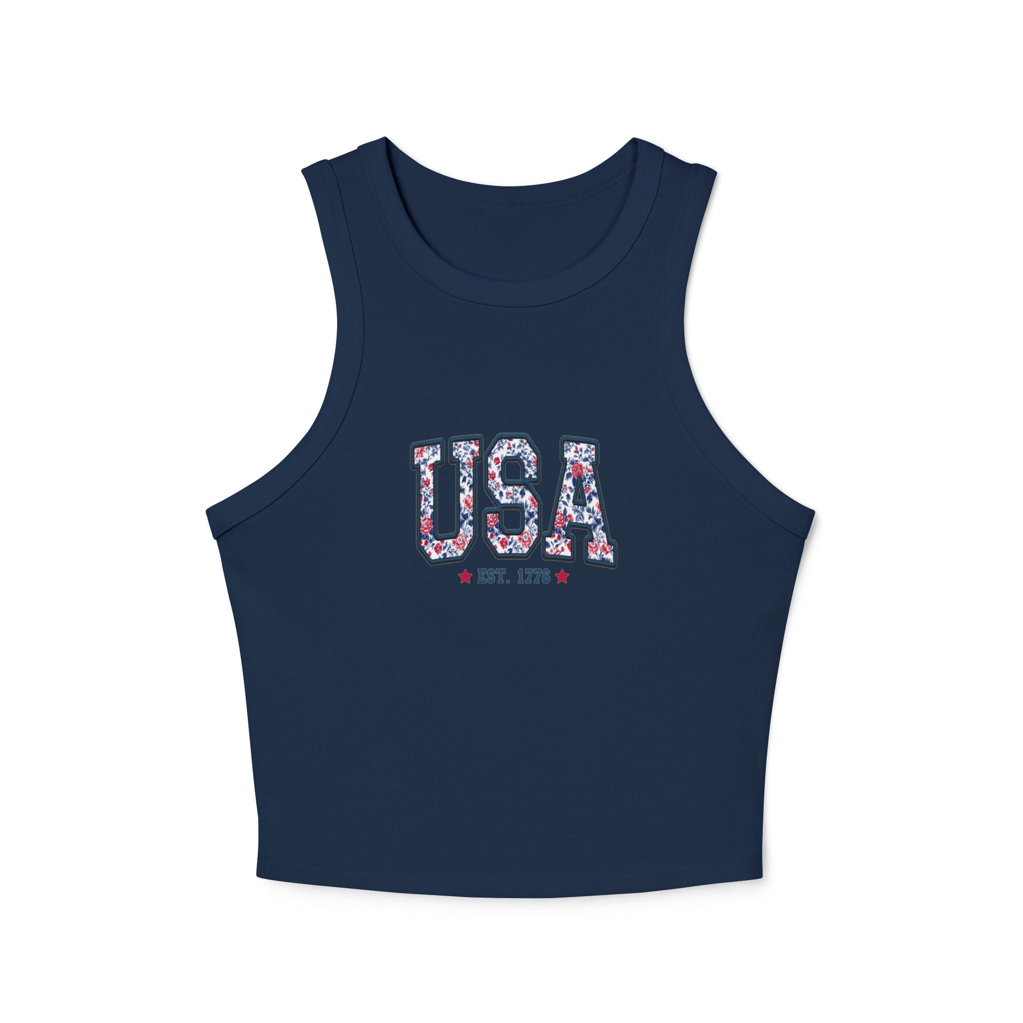 USA Floral Racerback Tank Top — 'USA Est. 1776' Patriotic Summer Crop