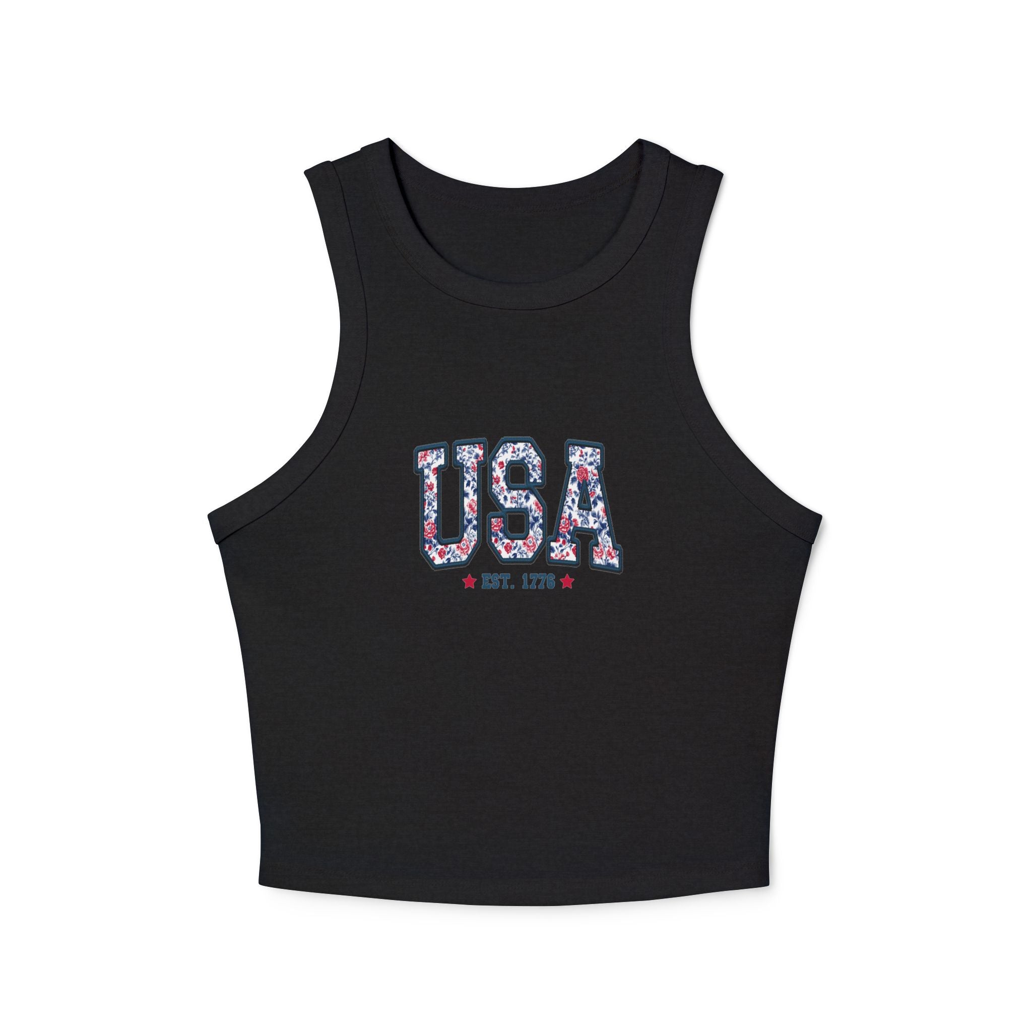 USA Floral Racerback Tank Top — 'USA Est. 1776' Patriotic Summer Crop