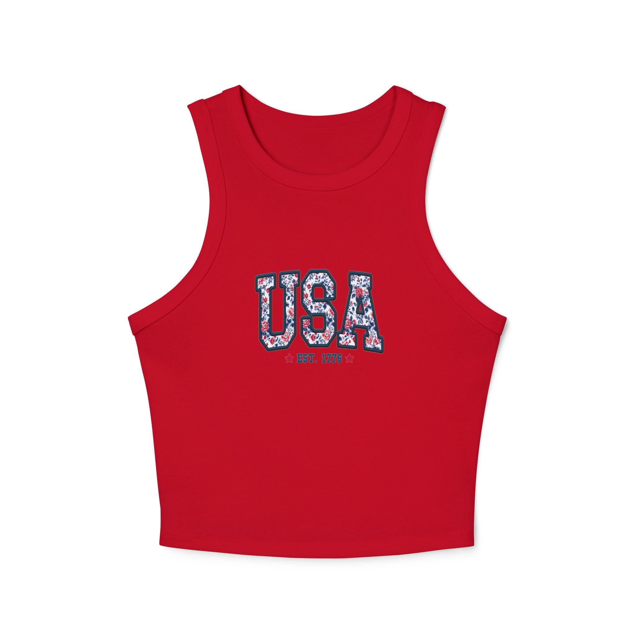USA Floral Racerback Tank Top — 'USA Est. 1776' Patriotic Summer Crop