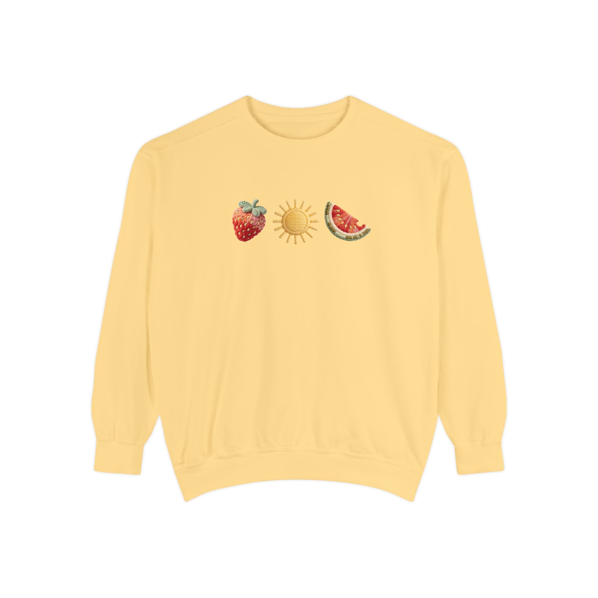 Fruit Sun Crewneck Sweatshirt — Strawberry, Sun & Watermelon Graphic