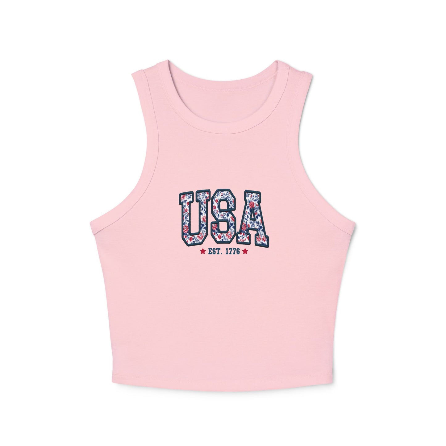 USA Floral Racerback Tank Top — 'USA Est. 1776' Patriotic Summer Crop