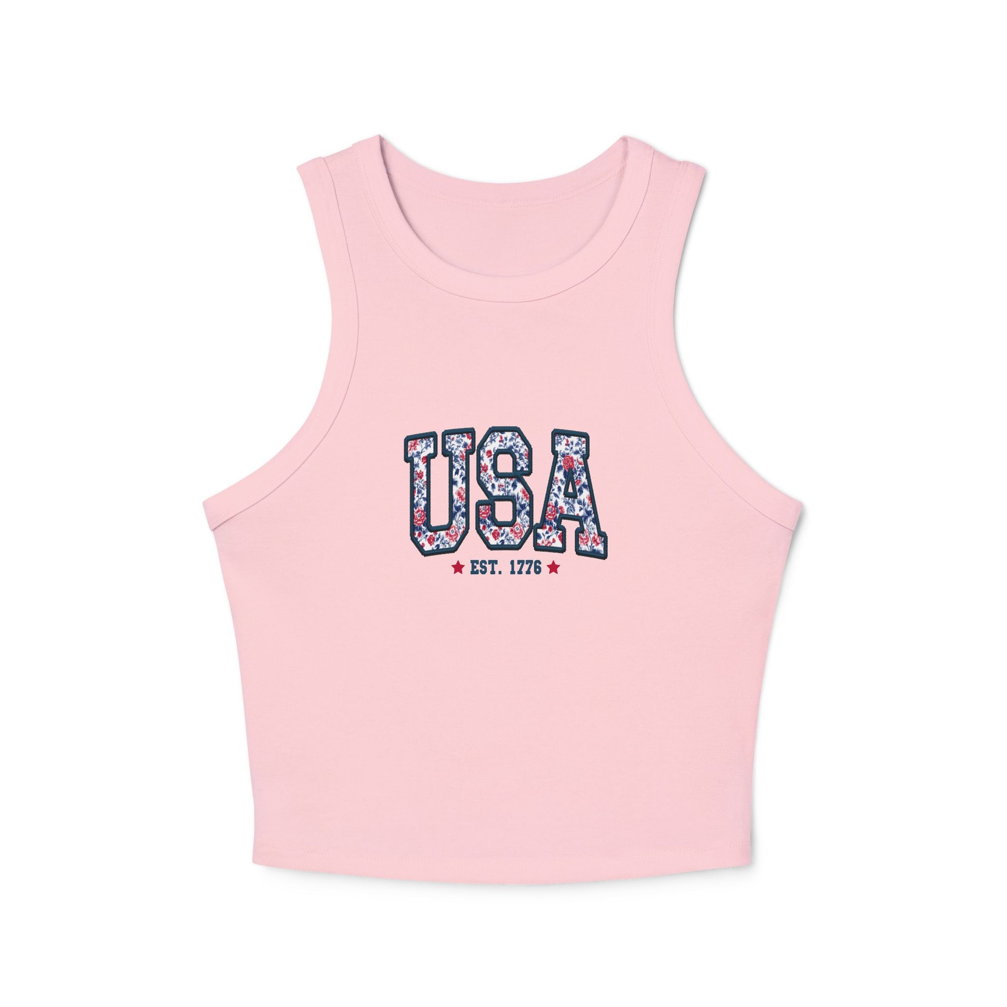 USA Floral Racerback Tank Top — 'USA Est. 1776' Patriotic Summer Crop