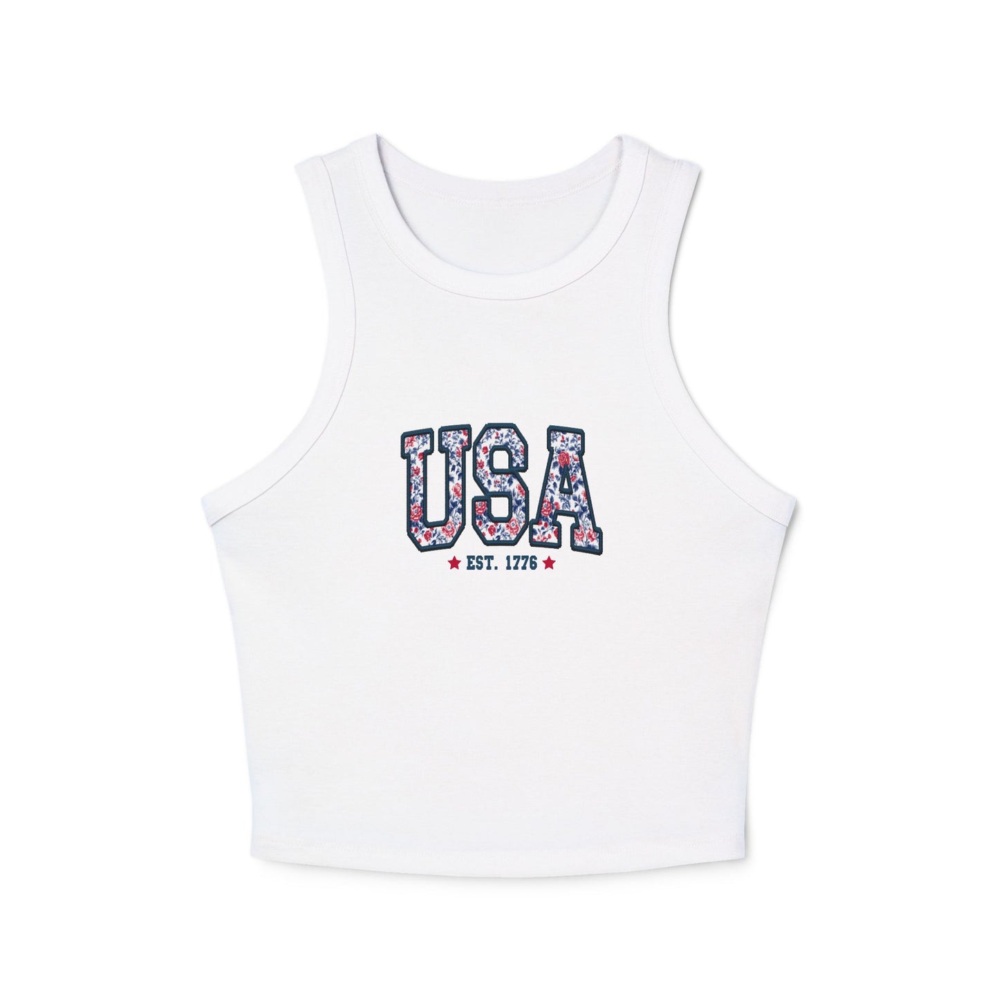 USA Floral Racerback Tank Top — 'USA Est. 1776' Patriotic Summer Crop