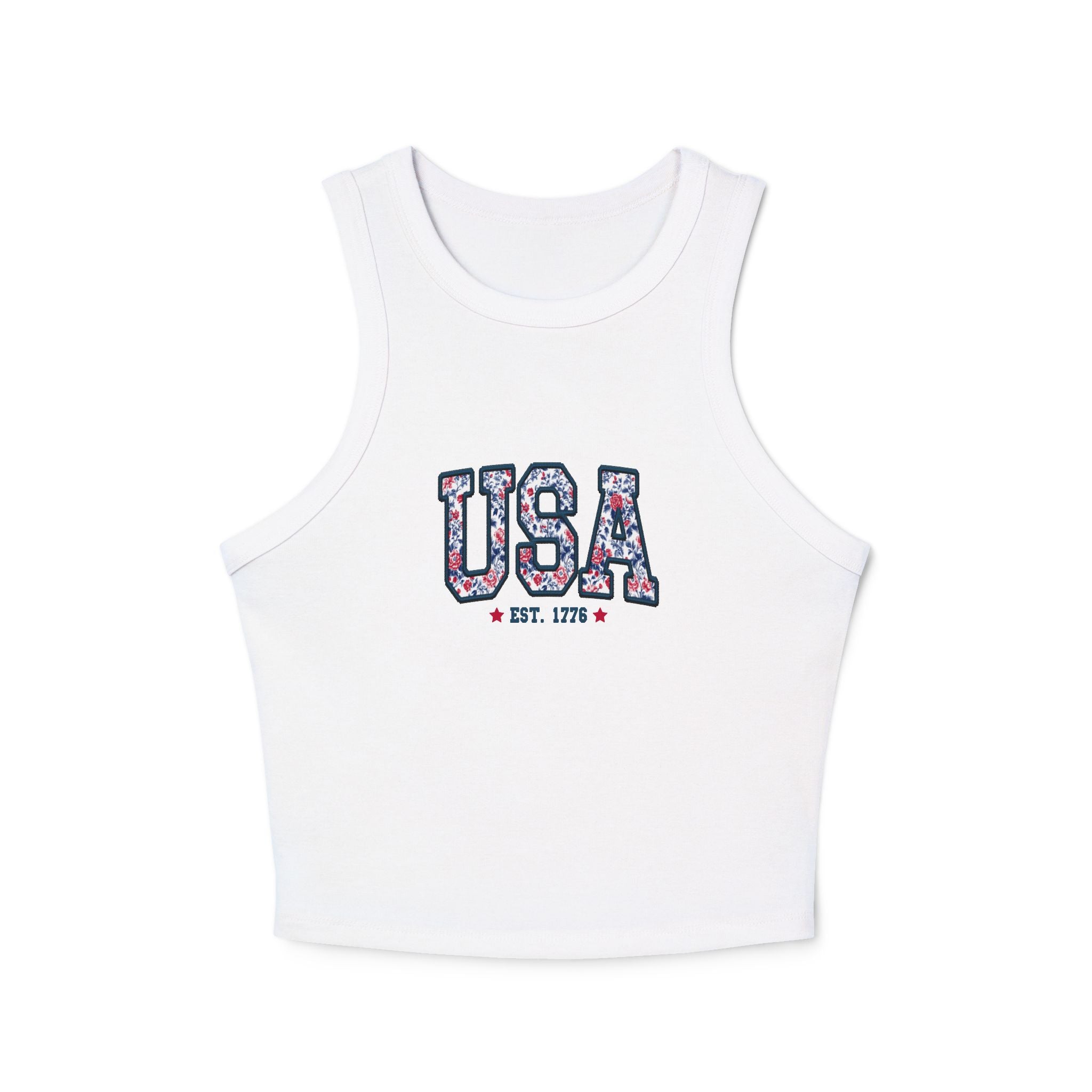 USA Floral Racerback Tank Top — 'USA Est. 1776' Patriotic Summer Crop