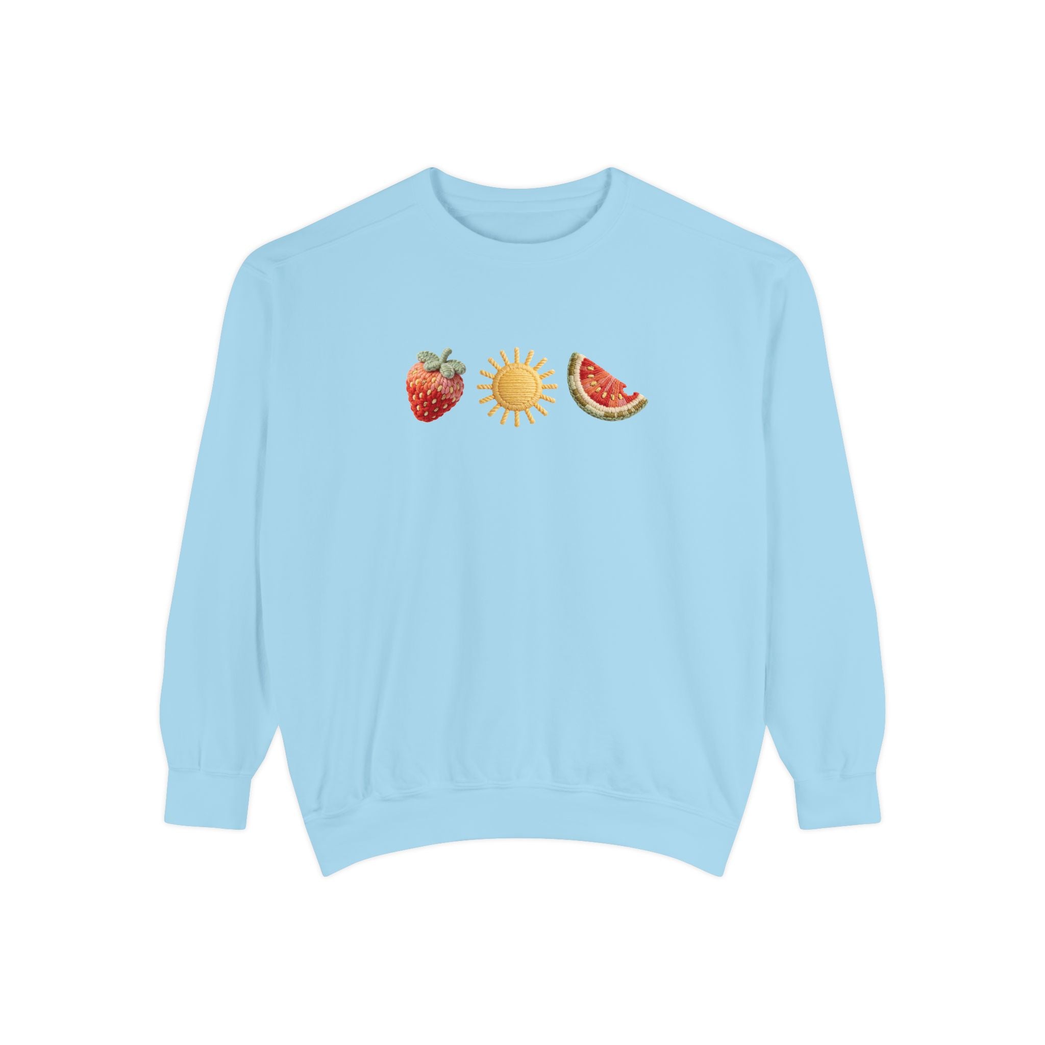 Fruit Sun Crewneck Sweatshirt — Strawberry, Sun & Watermelon Graphic
