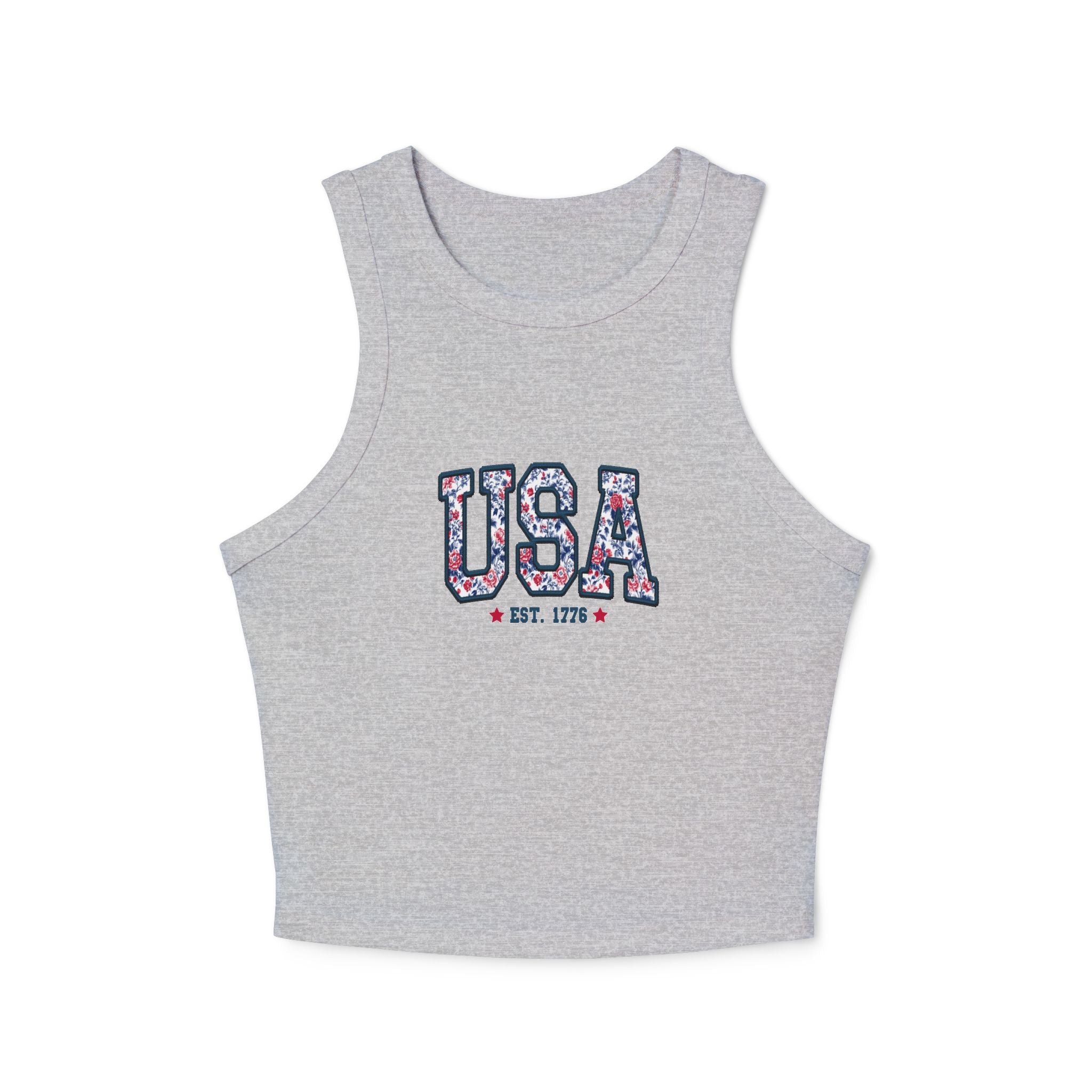 USA Floral Racerback Tank Top — 'USA Est. 1776' Patriotic Summer Crop